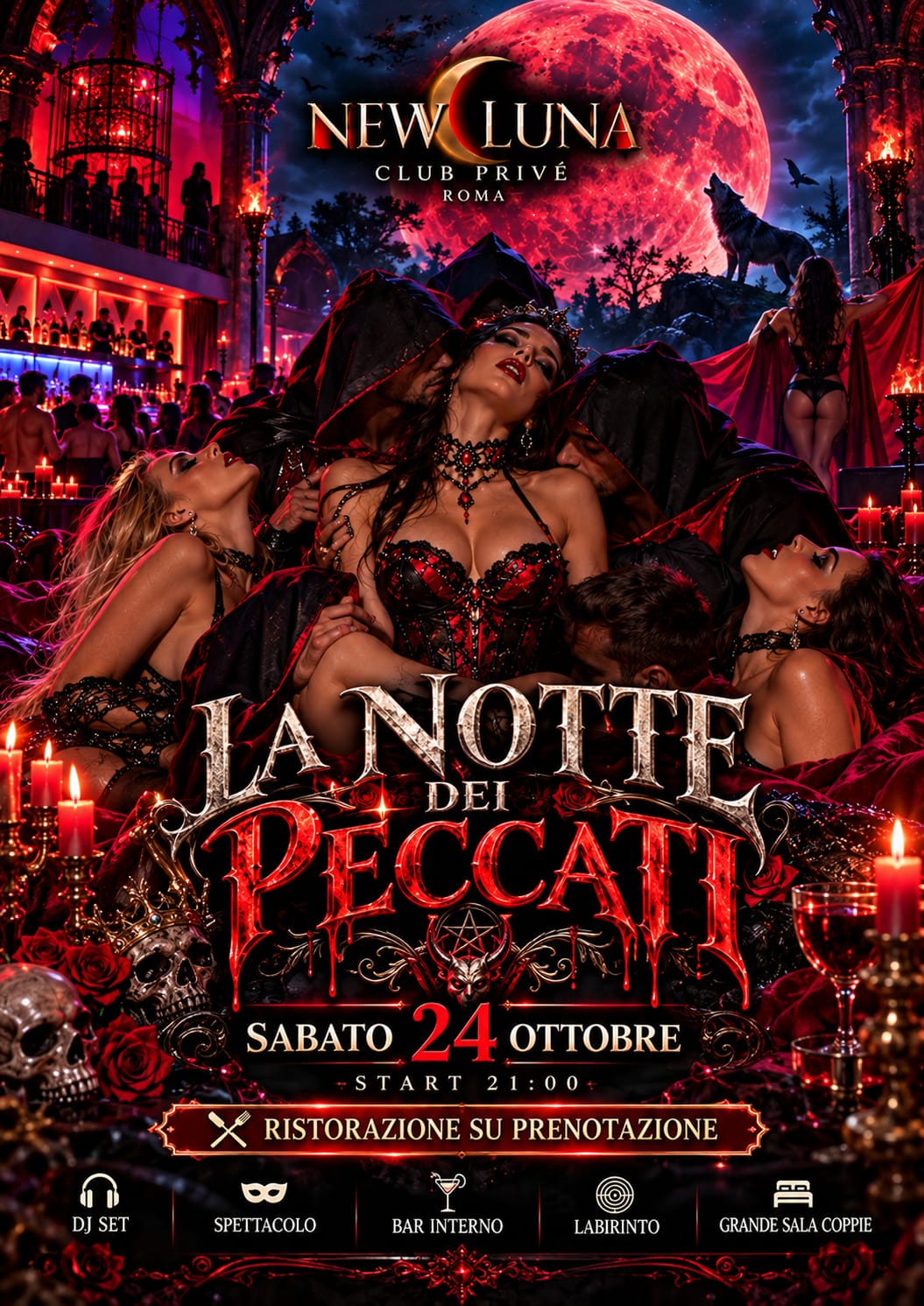 La Notte dei Peccati al New Luna Club Privé Roma, sabato 24 ottobre dalle 21:00: serata pre-Halloween dark con dress code total black, DJ set, spettacolo, bar interno, labirinto, grande sala coppie